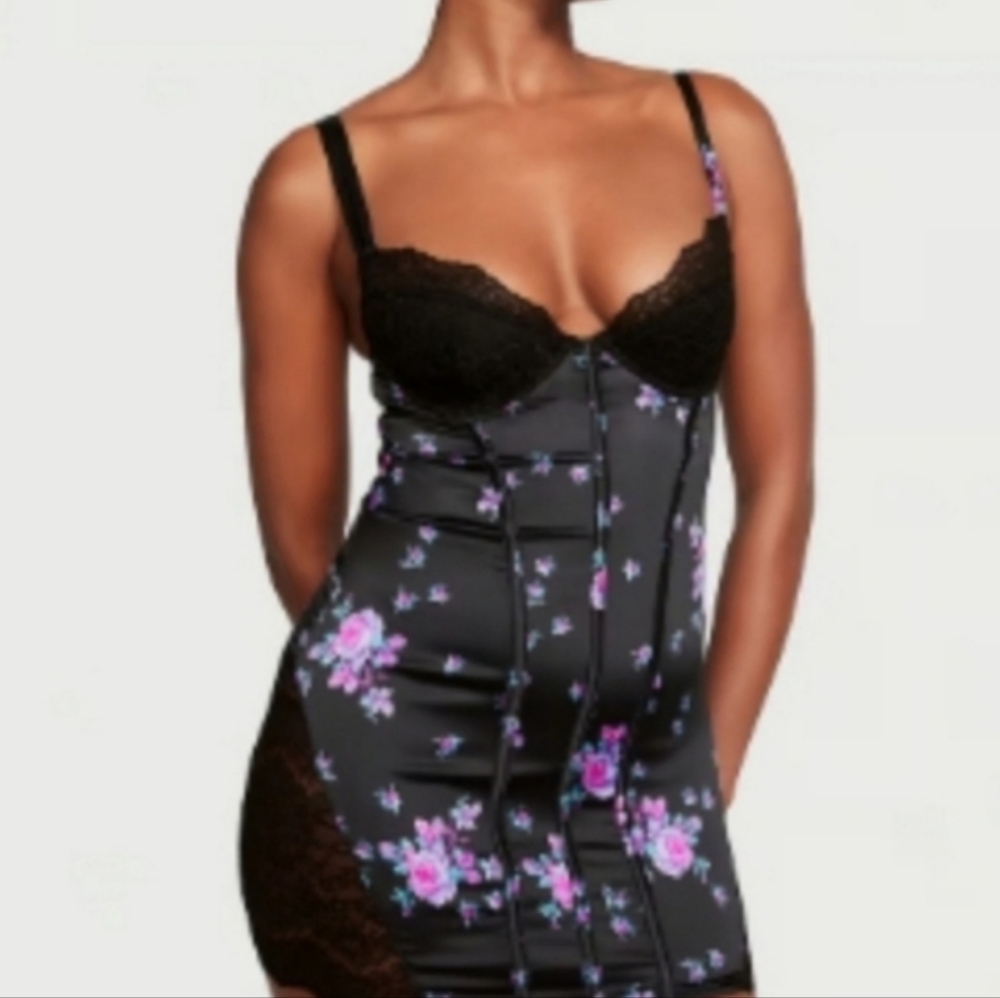 Victoria's Secret Black Electric Blooms Satin Stretch Corset Mini Slip Dress
